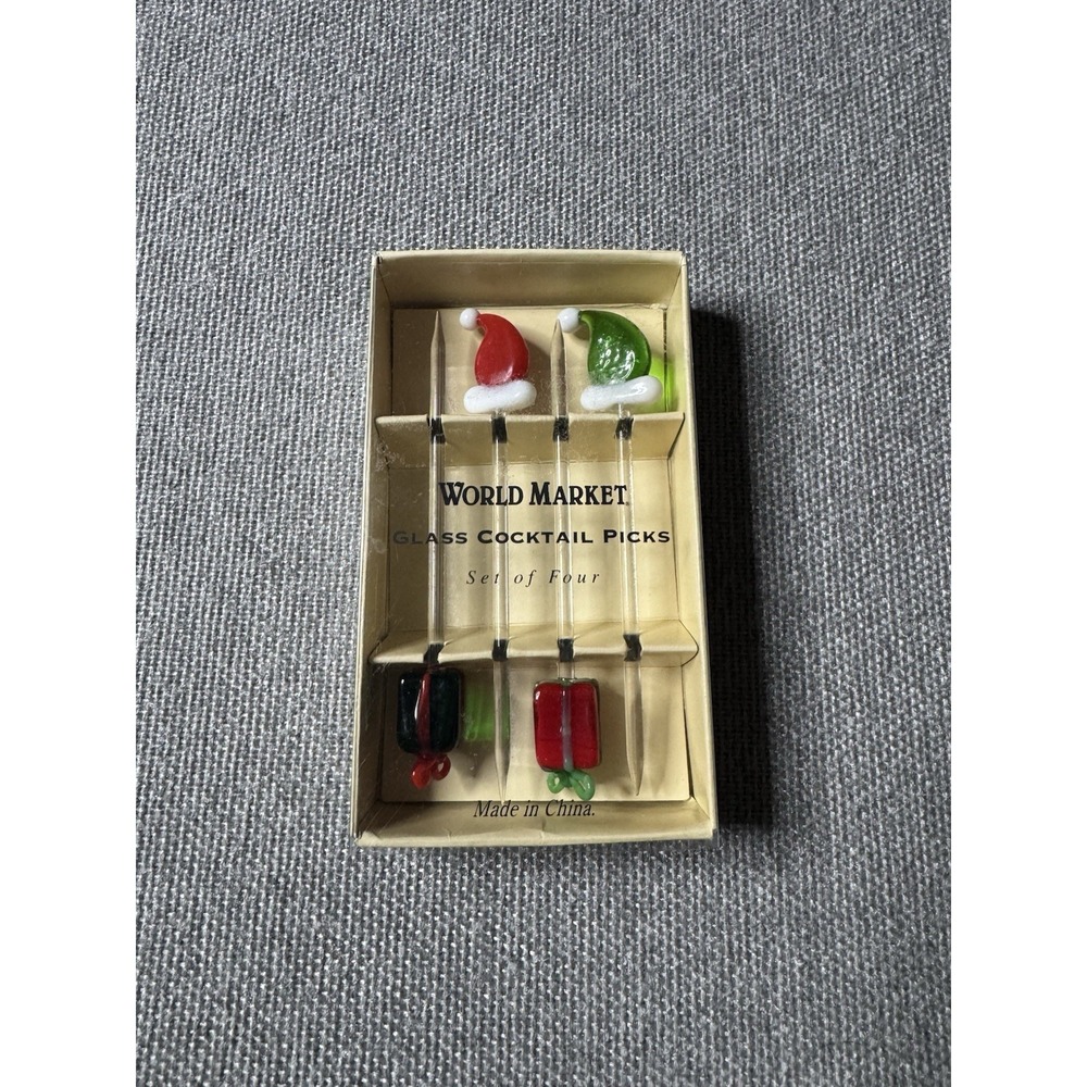 World Market Glass Cocktail Picks Set of 4 Christmas Santa Hat Gift Present Bar - Picture 2 of 5